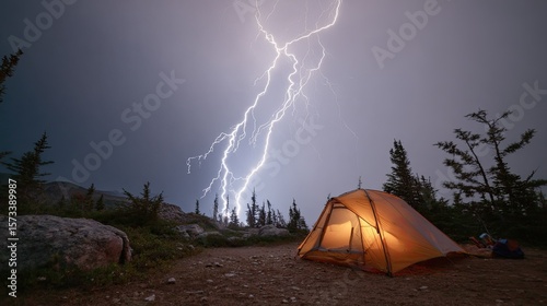 Illuminated tent in stormy mountain landscape