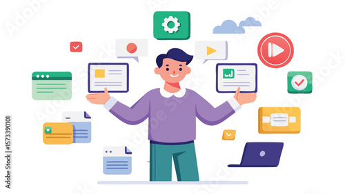 Illustration of a man surrounded by icons representing various digital applications and functions