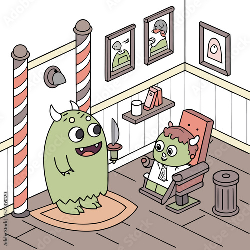 Cartoon illustration of a monster barber holding a knife in a barber shop with a customer in a chair