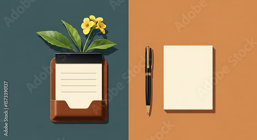 Elegant stationery set with blooming flower, notepad, and pen, displayed on contrasting backgrounds.