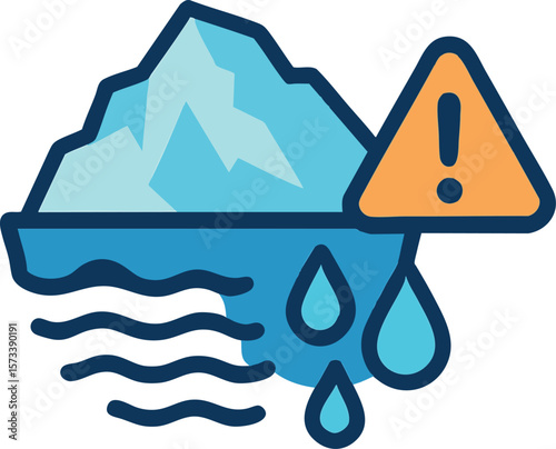 Flat vector glacier with water source icon, melting ice warning, isolated on white