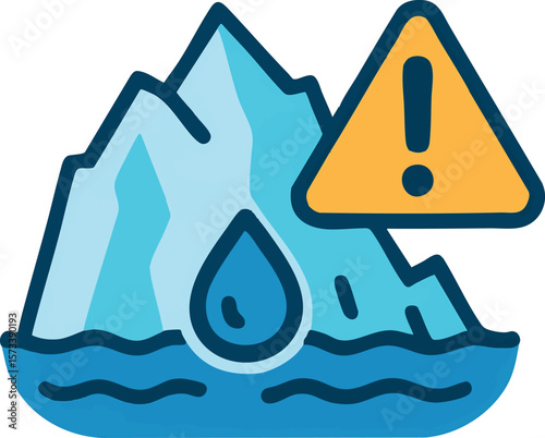Flat vector glacier with water source icon, melting ice warning, isolated on white
