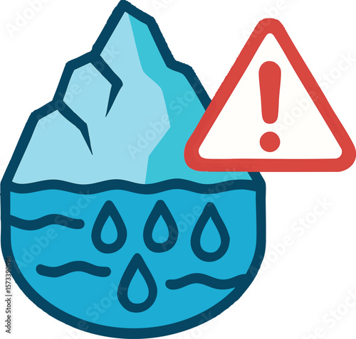 Flat vector glacier with water source icon, melting ice warning, isolated on white