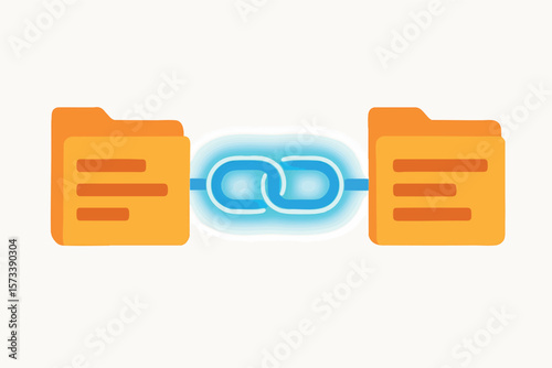 Flat vector glowing link chain between folders or servers, data flow integrity, isolated on white