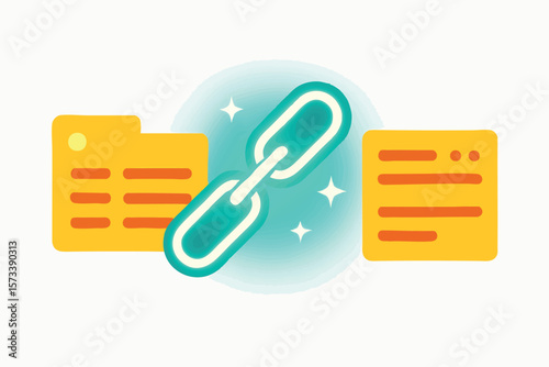 Flat vector glowing link chain between folders or servers, data flow integrity, isolated on white