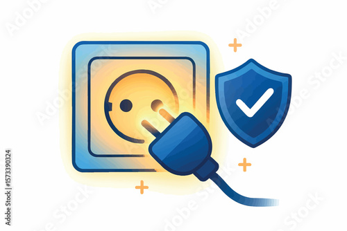 Flat vector glowing socket with safe plug-in animation and shield, safe electricity use, isolated on white