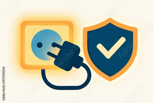 Flat vector glowing socket with safe plug-in animation and shield, safe electricity use, isolated on white