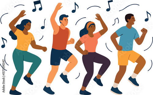 Flat vector group fitness class with diverse people doing aerobics, music and movement vibe, isolated on white