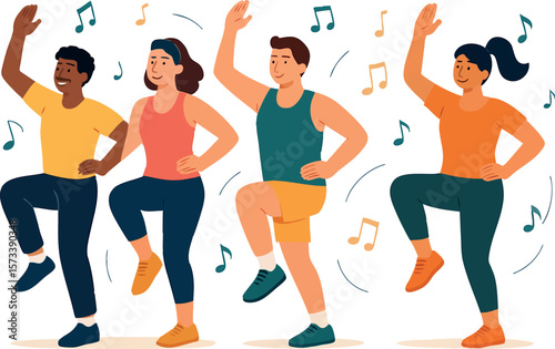 Flat vector group fitness class with diverse people doing aerobics, music and movement vibe, isolated on white