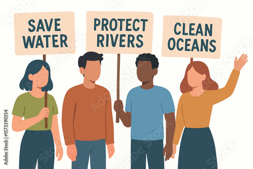 Flat vector group holding signs: "Save Water", "Protect Rivers", "Clean Oceans", awareness action, isolated on white