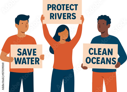 Flat vector group holding signs: "Save Water", "Protect Rivers", "Clean Oceans", awareness action, isolated on white