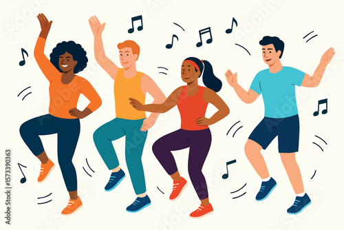 Flat vector group fitness class with diverse people doing aerobics, music and movement vibe, isolated on white
