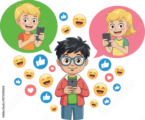 Cartoon illustration of a boy with glasses using a smartphone surrounded by social media icons


