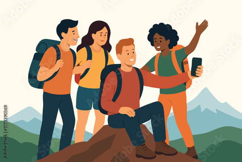 Flat vector group of friends with backpacks taking selfie on mountain top, active vacation, isolated on white