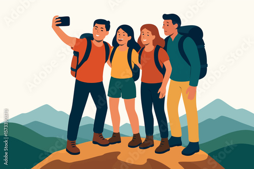 Flat vector group of friends with backpacks taking selfie on mountain top, active vacation, isolated on white