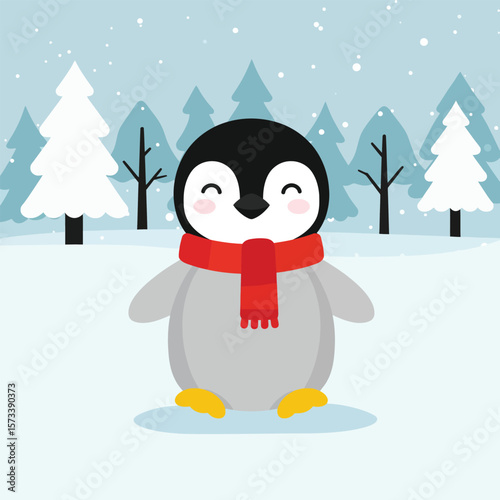 Cute Cartoon Penguin Wearing Red Scarf Standing on Snow in Winter Flat Vector Illustration