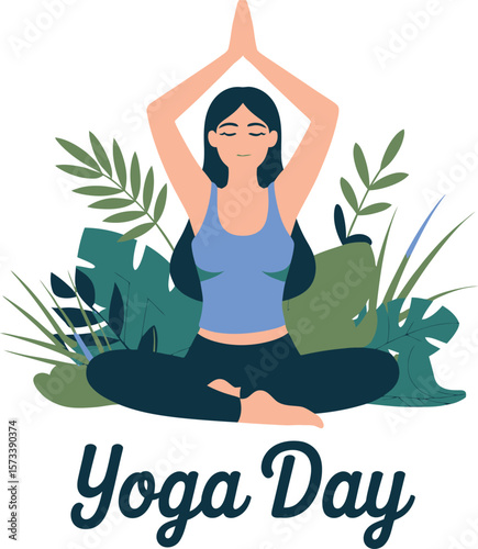 Woman meditating in lotus position with hands together surrounded by green plants for yoga day


