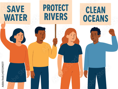 Flat vector group holding signs: "Save Water", "Protect Rivers", "Clean Oceans", awareness action, isolated on white