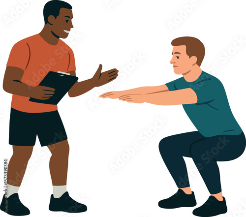 Flat vector gym trainer with clipboard instructing beginner client on form, isolated on white