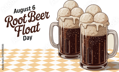 Two mugs of root beer floats with ice cream on a checkered tablecloth for august sixth day



