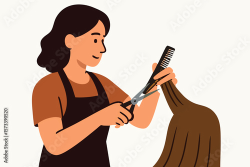 Flat vector hairstylist cutting hair with scissors and comb, salon worker, isolated on white