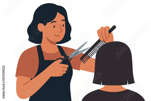 Flat vector hairstylist cutting hair with scissors and comb, salon worker, isolated on white