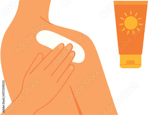 Flat vector hand applying sunscreen on shoulder, flat clean design, isolated on white