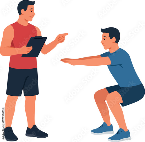 Flat vector gym trainer with clipboard instructing beginner client on form, isolated on white