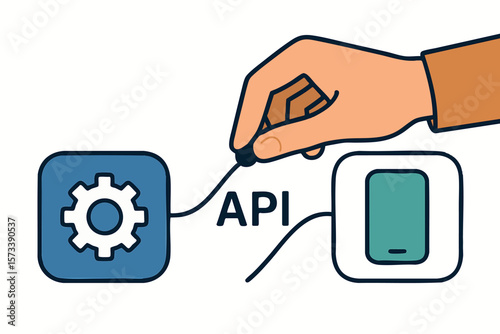 Flat vector hand dragging connector line between two app icons, API connection metaphor, isolated on white