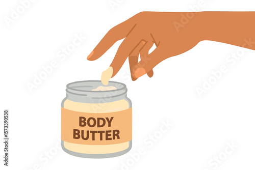 Flat vector hand applying nourishing body butter from glass jar, self-pampering theme, isolated on white