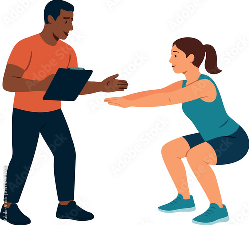 Flat vector gym trainer with clipboard instructing beginner client on form, isolated on white
