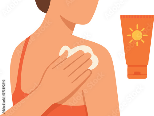 Flat vector hand applying sunscreen on shoulder, flat clean design, isolated on white