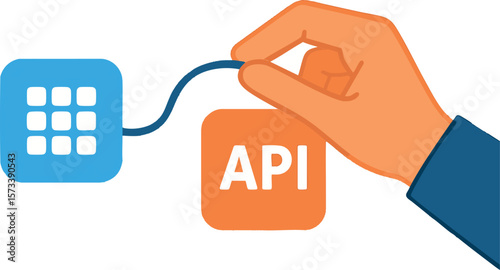 Flat vector hand dragging connector line between two app icons, API connection metaphor, isolated on white