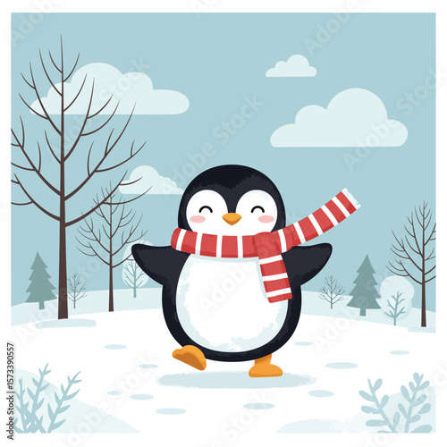 Cute Cartoon Penguin Wearing Red Scarf Standing on Snow in Winter Flat Vector Illustration