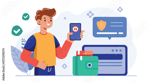 Man holding a phone with a wallet and security notification in a digital finance concept illustration