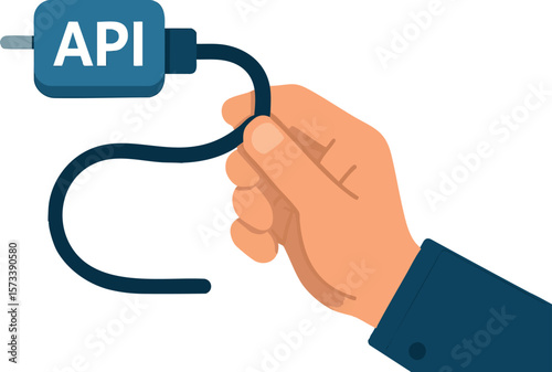 Flat vector hand holding connector cable labeled "API", ready to link platforms, isolated on white