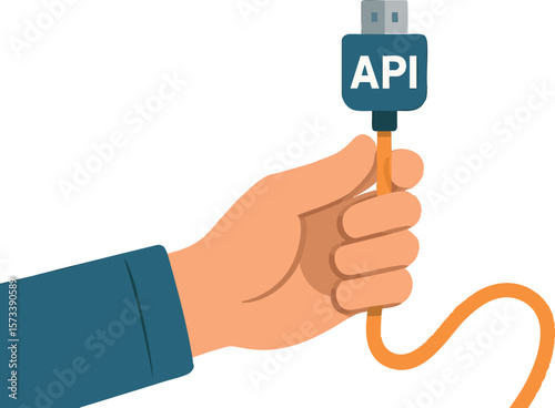 Flat vector hand holding connector cable labeled "API", ready to link platforms, isolated on white