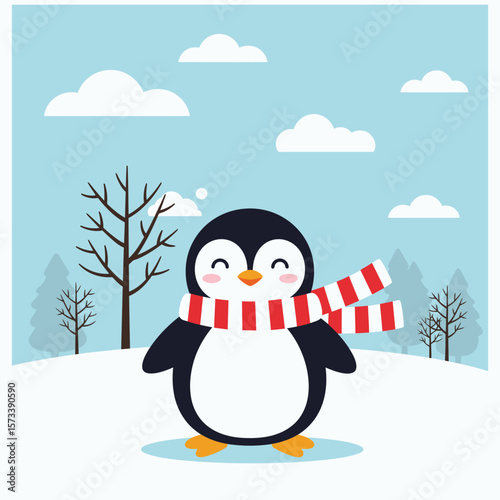Cute Cartoon Penguin Wearing Red Scarf Standing on Snow in Winter Flat Vector Illustration