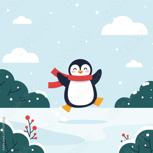 Cute Cartoon Penguin Wearing Red Scarf Standing on Snow in Winter Flat Vector Illustration