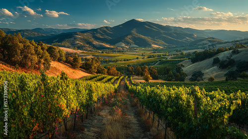 Vineyard stretches to mountains at sunset. Captures wine country scenery. Great for travel, agriculture, or marketing projects.