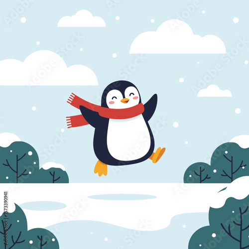 Cute Cartoon Penguin Wearing Red Scarf Standing on Snow in Winter Flat Vector Illustration
