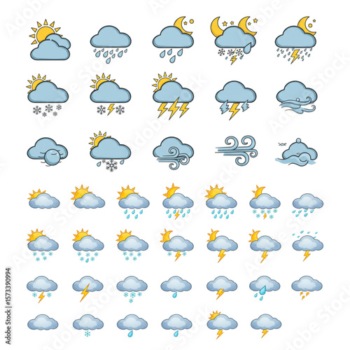 Weather forecast graphic featuring clouds, rain, sun, lightning and snow for use in apps, websites and other digital projects.