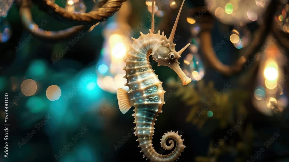 Beautiful seahorse ornament hangs delicately from a chandelier, illuminated by soft, colorful lights in an enchanting atmosphere