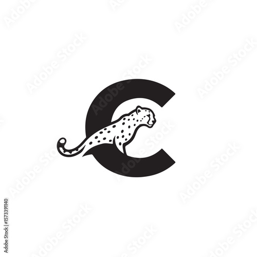 A cheetah with black spots partially conceals behind the letter C in solid black