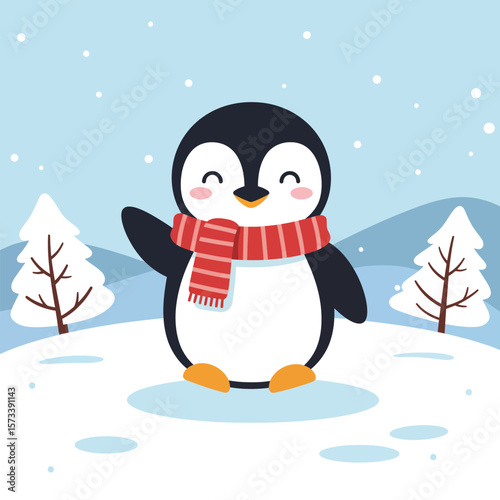 Cute Cartoon Penguin Wearing Red Scarf Standing on Snow in Winter Flat Vector Illustration