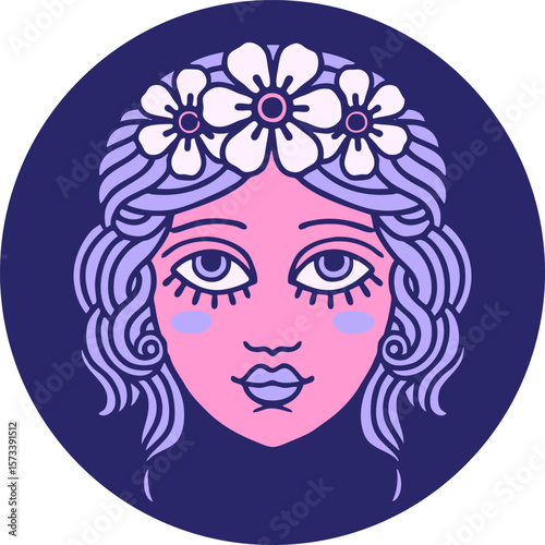 iconic tattoo style image of female face with crown of flowers in bright neon color