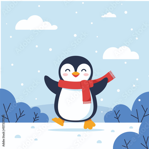 Cute Cartoon Penguin Wearing Red Scarf Standing on Snow in Winter Flat Vector Illustration