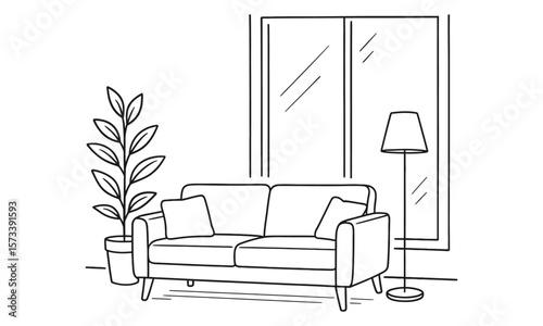 Minimalist Living Room Interior with Sofa and Plant - Line Art