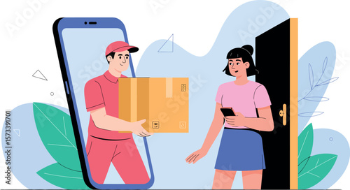 Delivery man from phone handing package to woman near door with abstract background illustration


