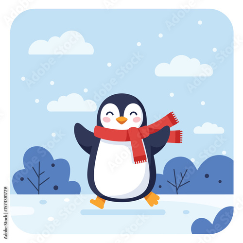 Cute Cartoon Penguin Wearing Red Scarf Standing on Snow in Winter Flat Vector Illustration